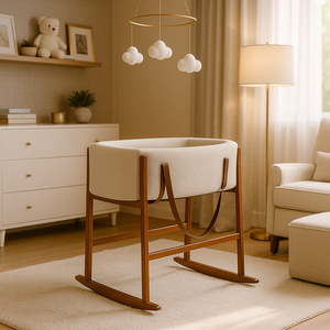 Berço Móises Bento Cesto Removível Tecido Boucle Areia Portátil Alças de Couro Quarto Infantil Bebê