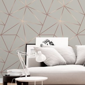 Papel De Parede Geométrico Cinza Rosê Dourado Para Sala Quarto 3m