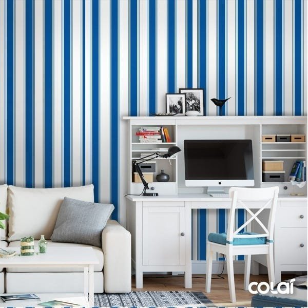 Papel De Parede Lavável Listrado Branco E Azul Claro 12m - 2