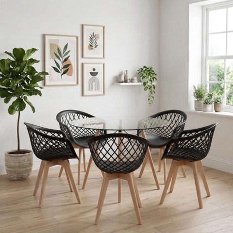 Kit Mesa Eames Vidro 110cm + 5 Cadeiras Web Wood - Seat&Co