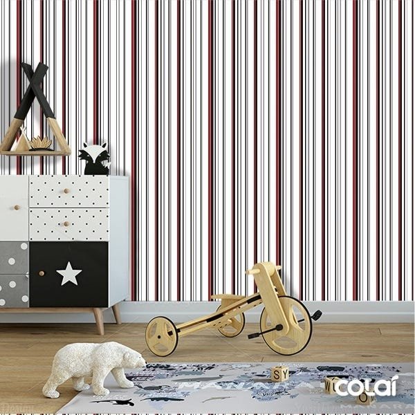 Papel De Parede Lavável Listrado Vermelho E Preto 6m - 6