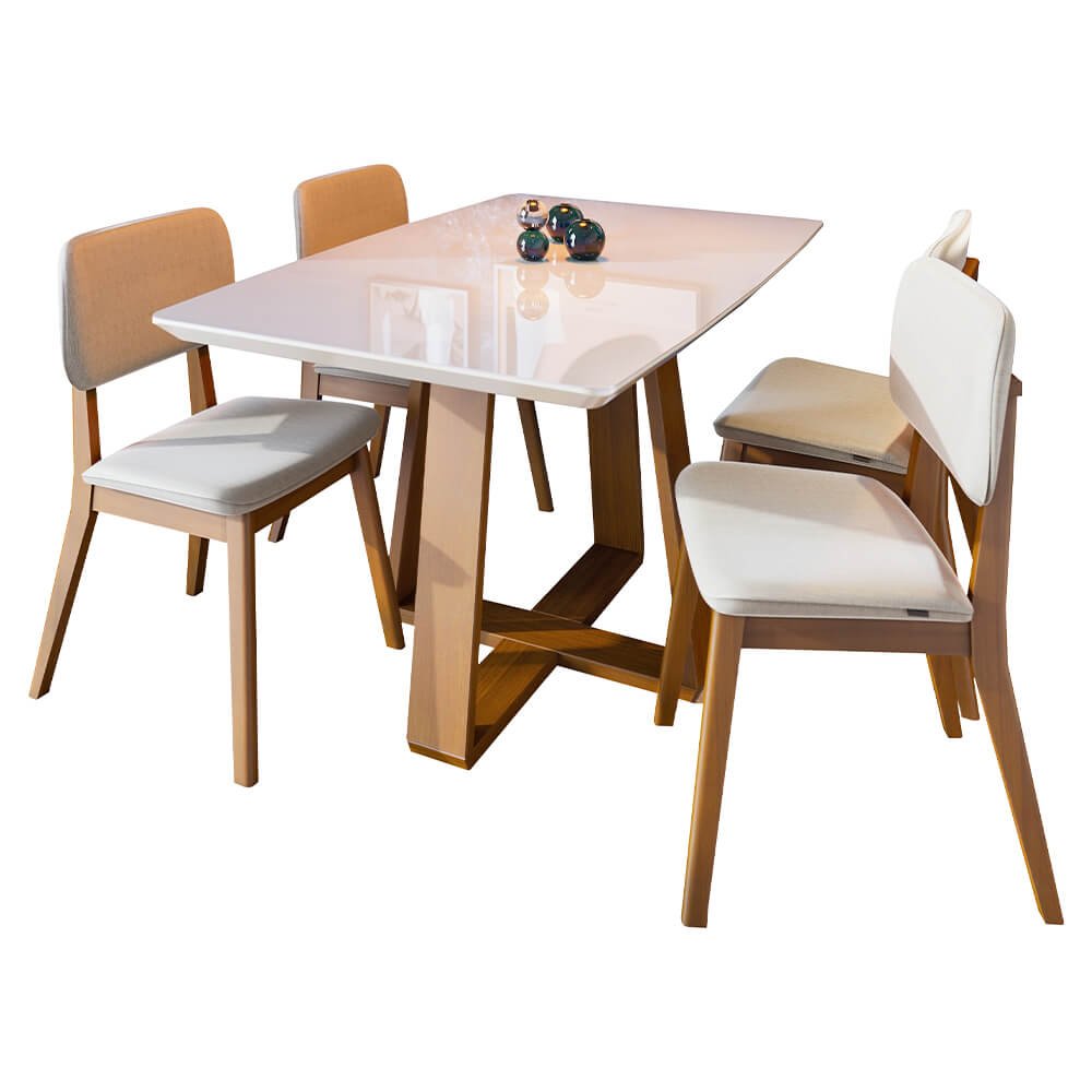 Mesa de Jantar Retangular com Vidro Wood e 4 Cadeiras Class Off White/Nature 120x90 Fabrispuma