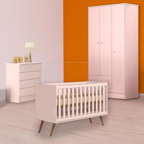 Conjunto Berço Mini Cama Retrô, Cômoda e Guarda Roupa Rosa