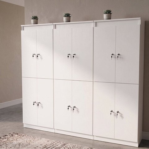 Kit 3 Armários Locker Guarda Volume 4 Portas com Chave Multiuso , Academia e Vestiário ME4204 Branco