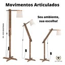 Ver imagem 3 de Luminária 1,6m Articulada Chão Pedestal Piso Abajur Madeira:PALHA