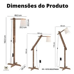 Luminária 1,6m Articulada Chão Pedestal Piso Abajur Madeira:PALHA - 5
