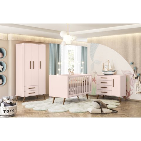 Dormitório Infantil com Berço Cômoda e Roupeiro Linha Retrô Rosa Babê - Leartam