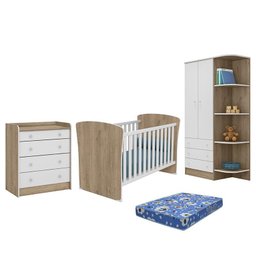 Dormitório Doce Sonho 2 Portas, Cômoda Trocador e Berço Americano Carvalho/Branco com Colchão - Qmov - 1