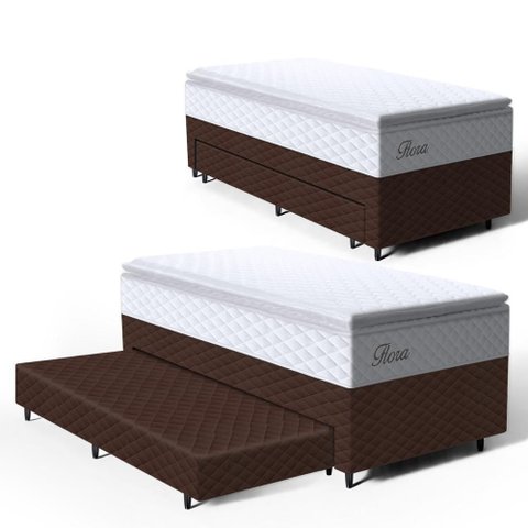 Cama Box com Colchão de Molas Ensacadas Pillow Top Flora + Auxiliar de Espuma Unique Solteiro 88cm
