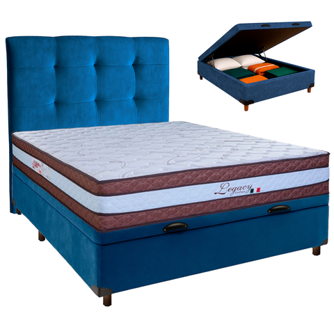 Cama Box Bau + Colchão Casal Molas Ensacadas Legaccy Paropas + Cabeceira Estofada