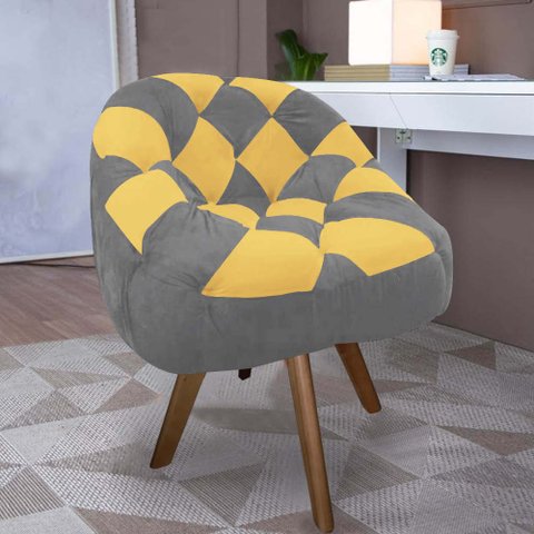 Poltrona Paloma Escritório Sala Giratória Madeira Suede Cinza e Suede Mostarda - Dominic Decor