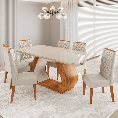 Conjunto Sala de Jantar 6 Lugares Retangular Tampo de Vidro e MDF Desire Bege/Mel/Off White