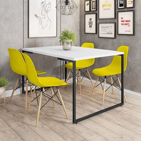 Mesa de Jantar Rivera Industrial Branco com 4 Cadeiras Eiffel Charles Eames Amarelo - 2