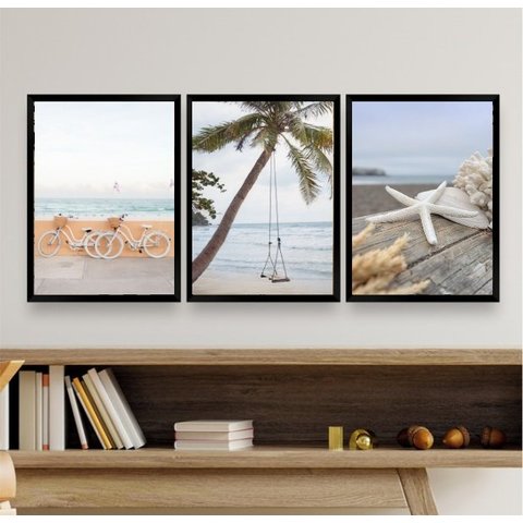 Kit 3 Quadros Decorativos Fotografias Praia soft 33x24cm - com Vidro:madeira Branca