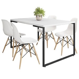 Mesa de Jantar Rivera Industrial Branco com 4 Cadeiras Eiffel Charles Eames Branco