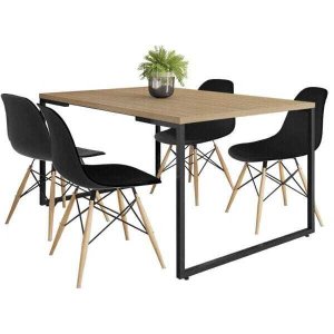 Mesa de Jantar Rivera Industrial Nature com 4 Cadeiras Eiffel Charles Eames Preto