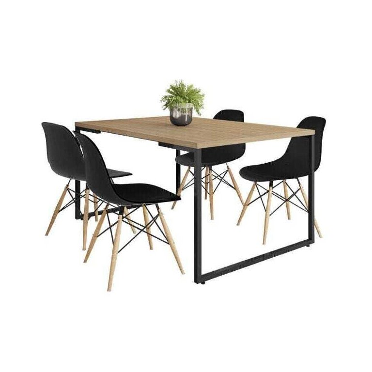 Mesa de Jantar Rivera Industrial Nature com 4 Cadeiras Eiffel Charles Eames Preto