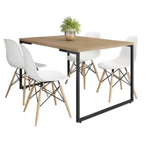Mesa de Jantar Rivera Industrial Nature com 4 Cadeiras Eiffel Charles Eames Branco