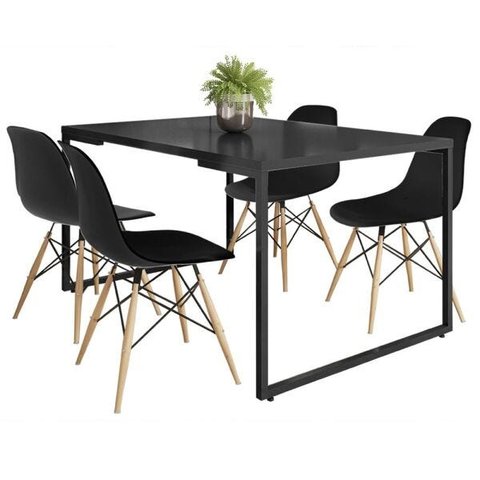 Mesa de Jantar Rivera Industrial Preto com 4 Cadeiras Eiffel Charles Eames Preto
