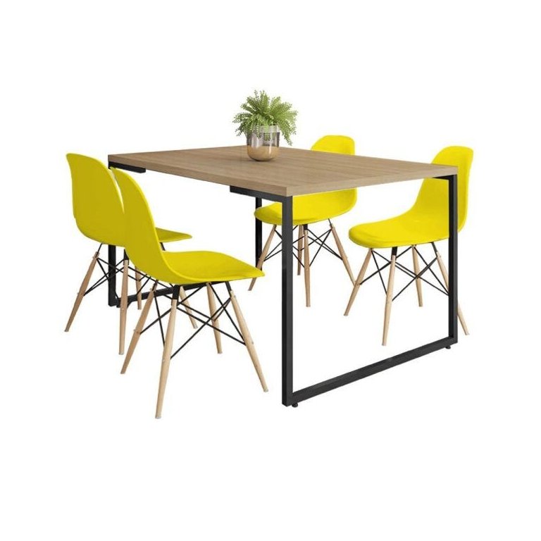 Mesa de Jantar Rivera Industrial Nature com 4 Cadeiras Eiffel Charles Eames Amarelo