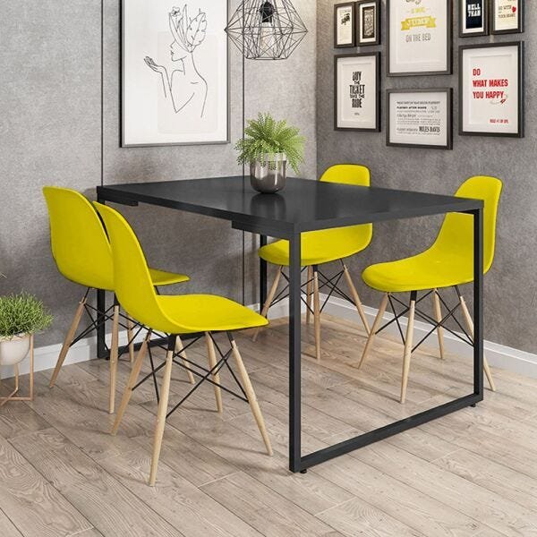 Mesa de Jantar Rivera Industrial Preto com 4 Cadeiras Eiffel Charles Eames Amarelo - 2