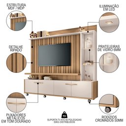 Estante Painel para Tv 60 Pol. Ripado com Led Natan H01 Off White/freijó - Mpozenato - 3