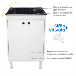 Tanque De Lavanderia Marmorite 40L Com Gabinete 100% Mdf - 2