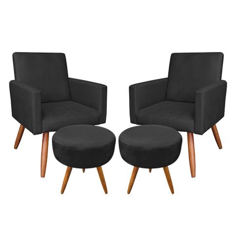 Kit 2 Poltronas e 2 Puffs Banqueta Redonda Nina Suede Preto Pés Palito Castanho - Pallazio