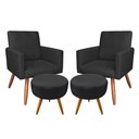 Ver imagem 1 de Kit 2 Poltronas e 2 Puffs Banqueta Redonda Nina Suede Preto Pés Palito Castanho - Pallazio