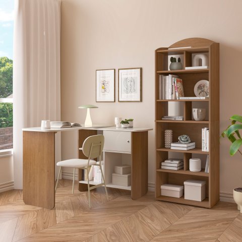 Conjunto Home Office Escrivaninha Nomad e Estante Arco 10 Nichos Marrom/Cinamomo/Off White