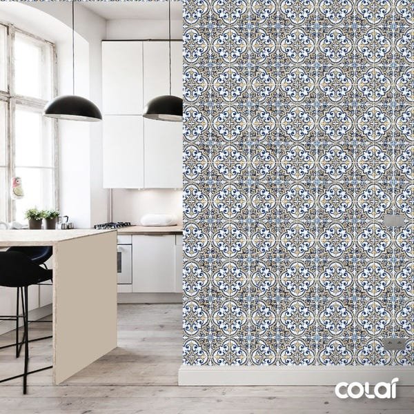 Papel de Parede Lavável Azulejo Português Vintage Azul 9m - 3