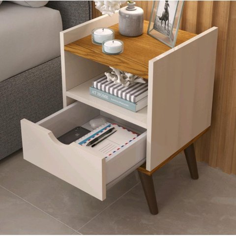 Mesa de Cabeceira Alice Pés Retro 1 Gaveta - Prado Móveis:off White/ Freijó