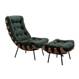 Poltrona Costela com Encosto Alto com Puff - Veludo Verde - 1