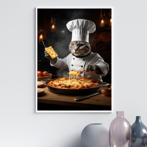 Quadro para Cozinha Gato Chef 33x24cm:moldura Preta