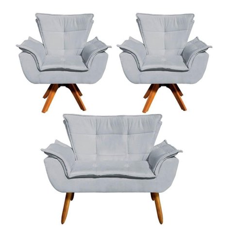 Kit Namoradeira e 2 Poltronas Base Giratória Madeira Opla Suede Cinza - Ibiza