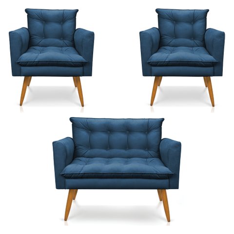 Kit 2 Poltronas e Namoradeira 2 Lugares Olivia Suede Pés Palito Castanho - Pallazio - Azul Marinho