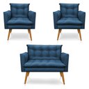 Ver imagem 1 de Kit 2 Poltronas e Namoradeira 2 Lugares Olivia Suede Pés Palito Castanho - Pallazio - Azul Marinho