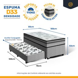 Cama Box com Colchão Espuma D33 Pillow In Anjos Ortosleep + Auxiliar de Espuma Unique Solteiro 88cm - 3