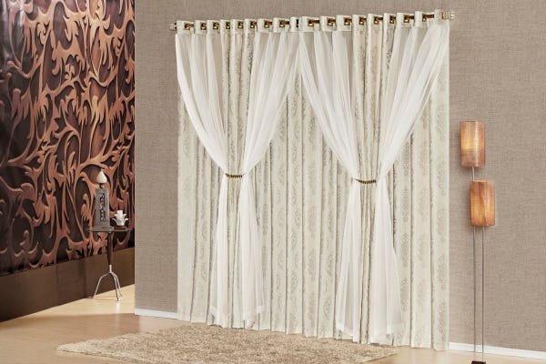 Cortina Milano 3,00 X 2,50 Jacquard Floral Varão Simples Palha - 1