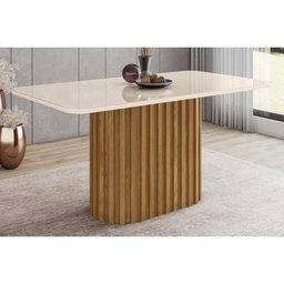 Mesa de Sala Jantar Solana Sc68 + Tampo Madeirado Vidro Curvo 160x90cm Nature-off White - 1 Mesa de Sala Jantar Solana Sc68 + Tampo Madeirado Vidro Curvo 160x90cm Nature-off White - 1