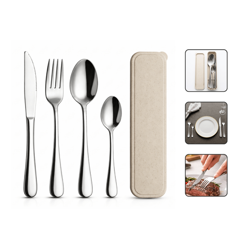 Jogo de Talheres Portátil Kit 5 Peças em Aço Inox com Estojo Camping