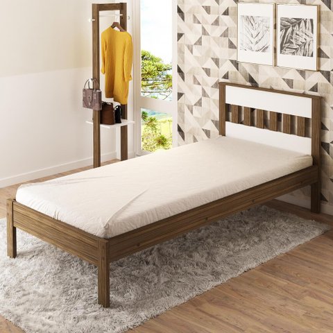 Cama de Solteiro com Cabeceira Ripada - Nogal/Branco
