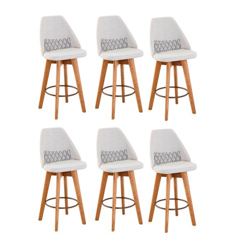 Kit 06 Banquetas Alta Maya Giratória Com Encosto Gourmet Linho Bege e Almofada ZigZag - Gat