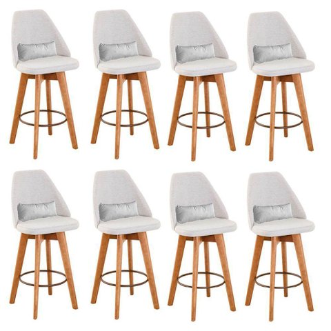 Kit 08 Banquetas Linho Bege e Almofada Suede Branco