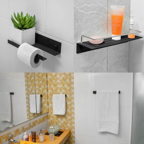 Kit Acessórios Banheiro Papeleira Porta Shampoo Prateleira e Suportes Toalheiros Banho e Rosto Grafi - 2