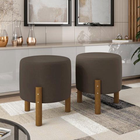 Kit 2 Puffs Decorativo Redondo Banqueta Sala Quarto Escritório Pés Madeira Zuppy - Marrom Suede