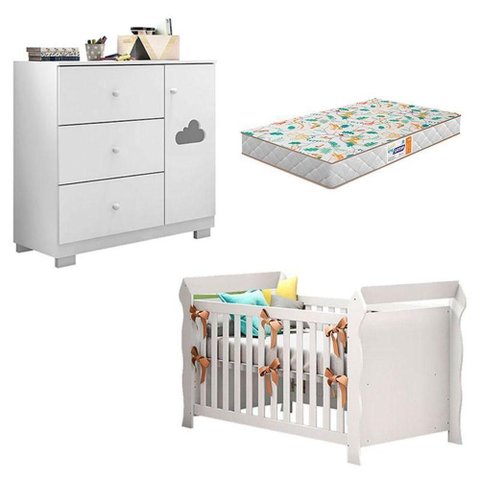 Berço Americano Lara e Cômoda Infantil Ane Branco Brilho com Colchão Gazin – Phoenix Baby