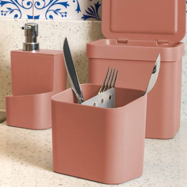 Kit Escorredor De Talheres E Dispenser Para Detergente Esponja Cozinha Terracota - 6
