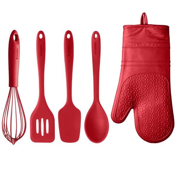 Jogo de Utensílios 5 Peças Talheres de Silicone Vermelhos e Luva Térmica Protetora - 1
