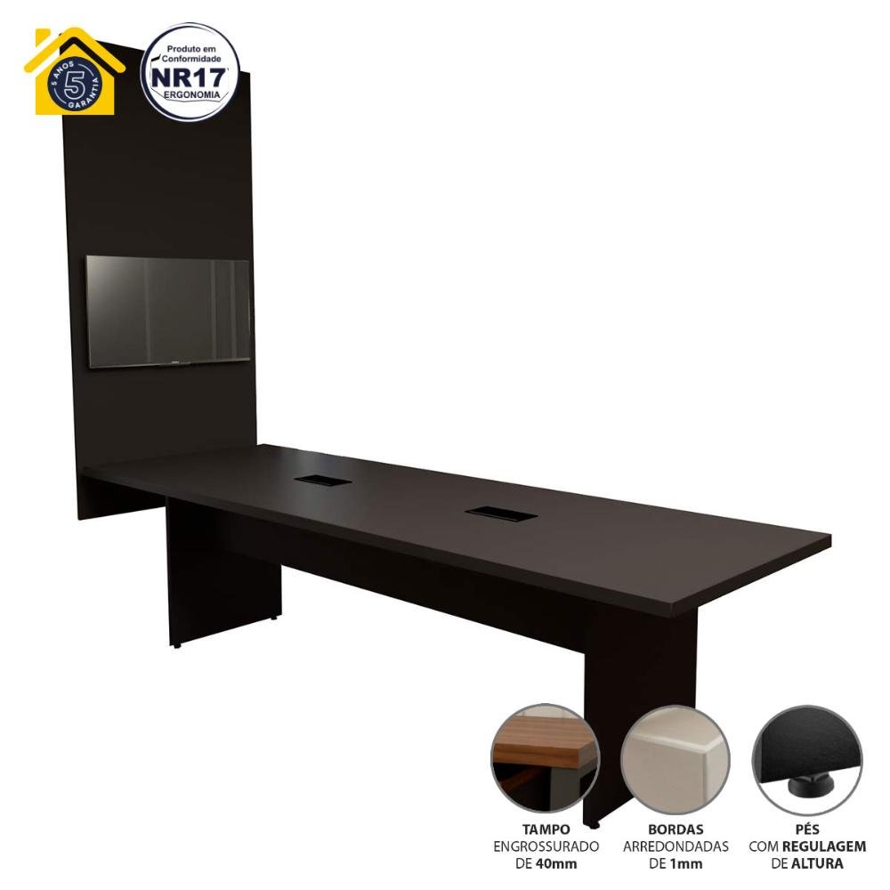 Conjunto Sala de Reunião Mesa 2,70m e Painel para Tv Pre F5 Cor:preto - 3